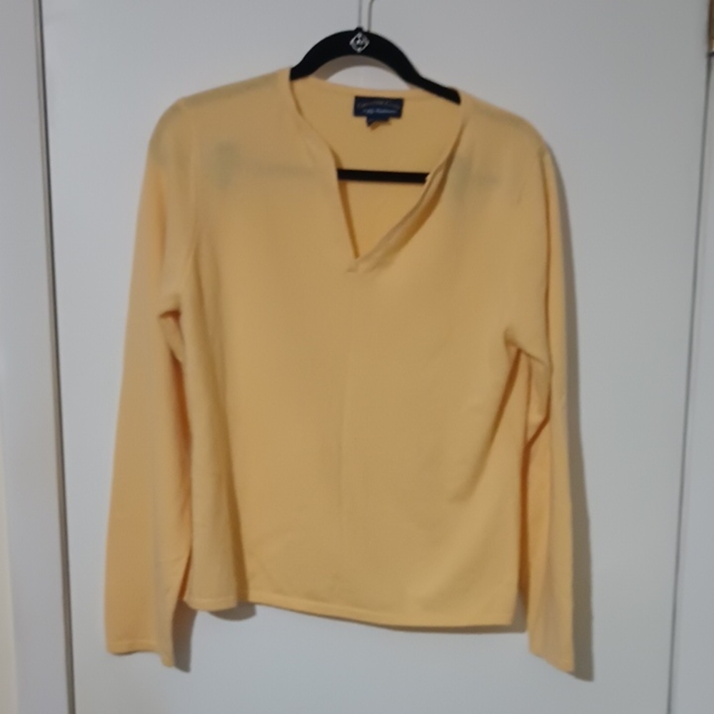 Cashmere Sweater Classic Open V Neck Yellow Long Sleeve Charter Club